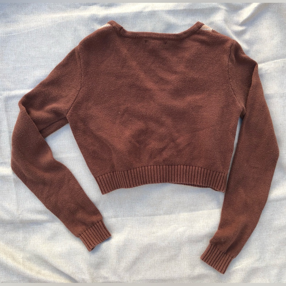 Forever 21 Cropped Cardigan Long Sleeve V-Neck Button Down Argyle Brown Size XS - Picture 10 of 12